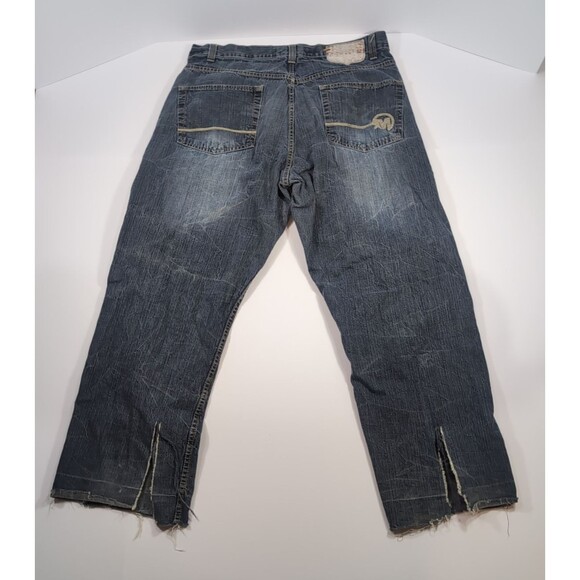 Mecca USA Mens 40x30 Dark Blue Straight Leg Denim Jeans Baggy Cut Off Slit Leg - Picture 1 of 9